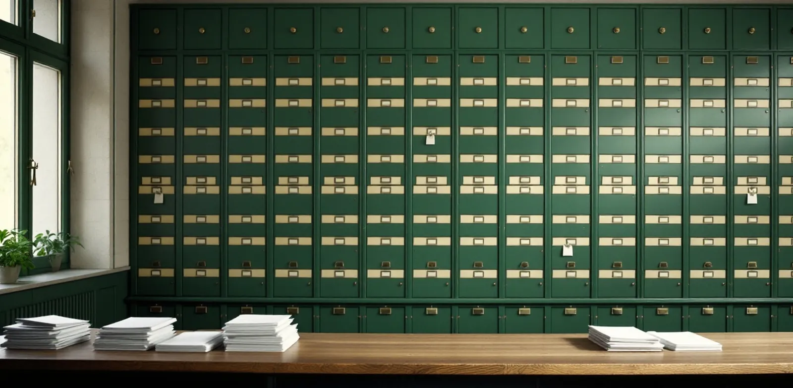 A wall of dark green post boxes with brass labels, in front of it a long wooden counter with stacks of letters