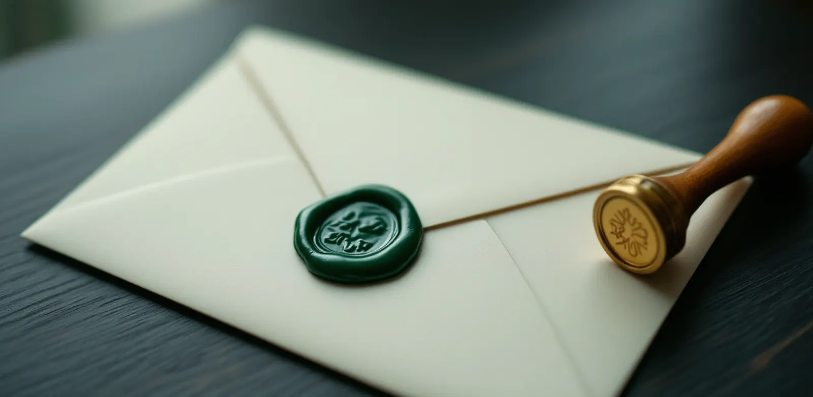 Cream envelope with a dark green wax seal, a brass seal stamp beside it on dark wood
