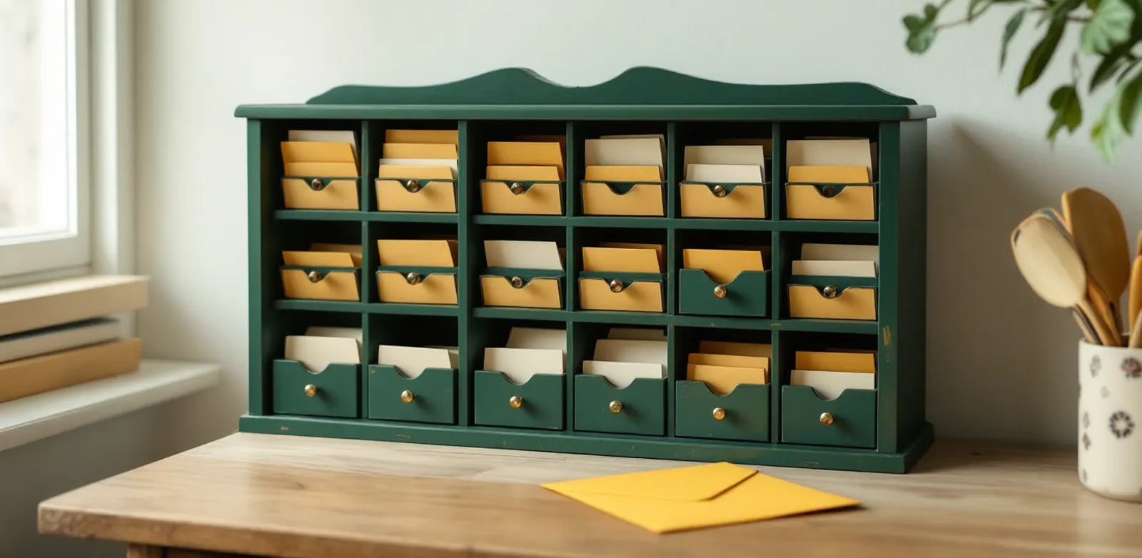 Green sorting rack with pigeonholes, cream envelopes sorted in, a yellow envelope lying in front