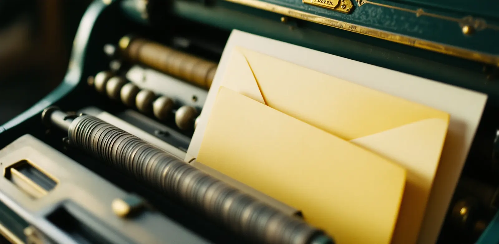 Close-up of an old brass and green-enamel letter sorting machine, rubber rollers guiding envelopes into slots