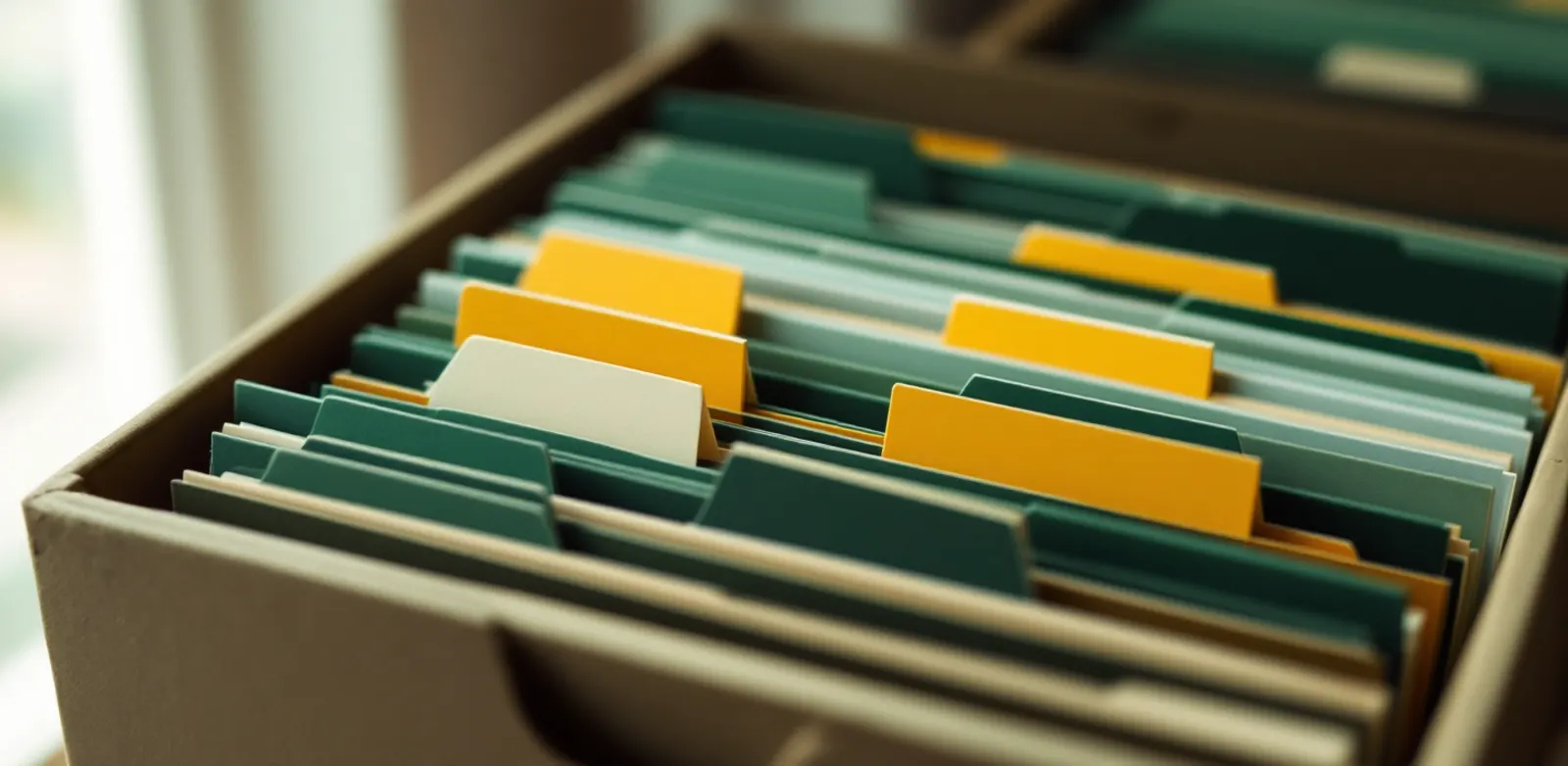 Card index box with tabbed cards in dark green, cream and one yellow card, standing in rows