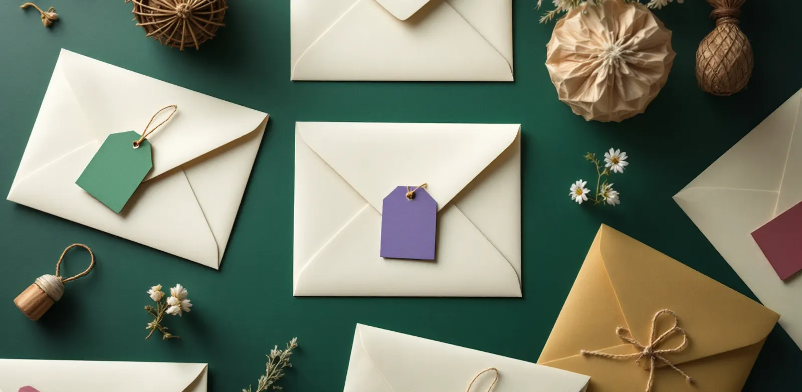 Cream envelopes with coloured paper tags on cotton string on a dark green table