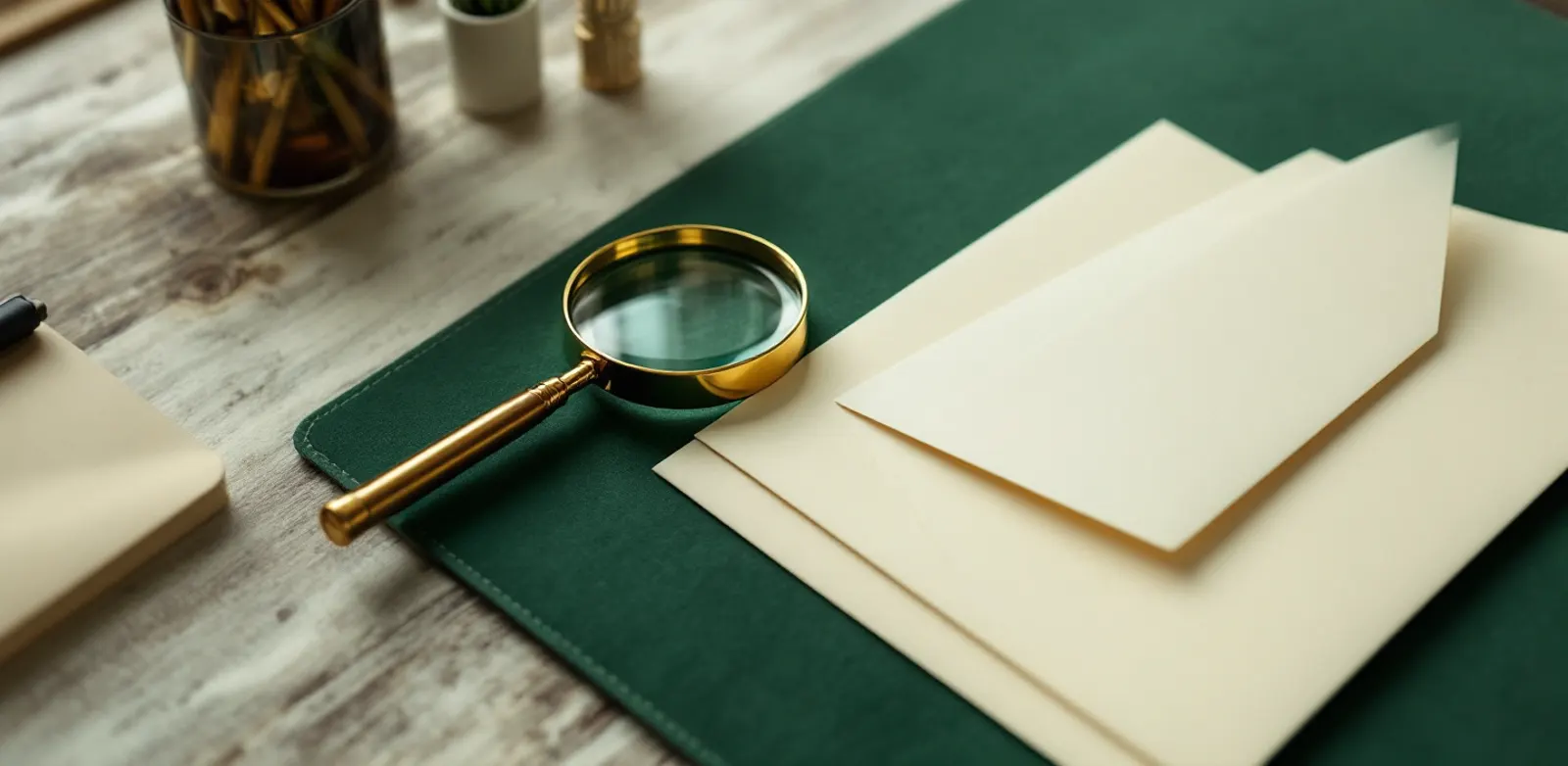 Brass magnifying glass on a fanned row of cream envelopes on a green felt desk mat