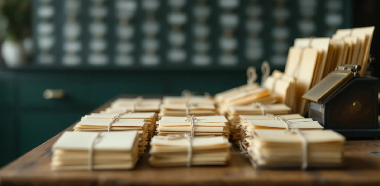 Bundles of letters tied with string on a wooden table, a letter scale beside them, a green cabinet of drawers in the background