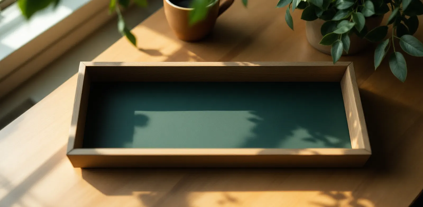 Empty wooden in-tray on a tidy office desk in morning light, a plant and a cup of coffee beside it