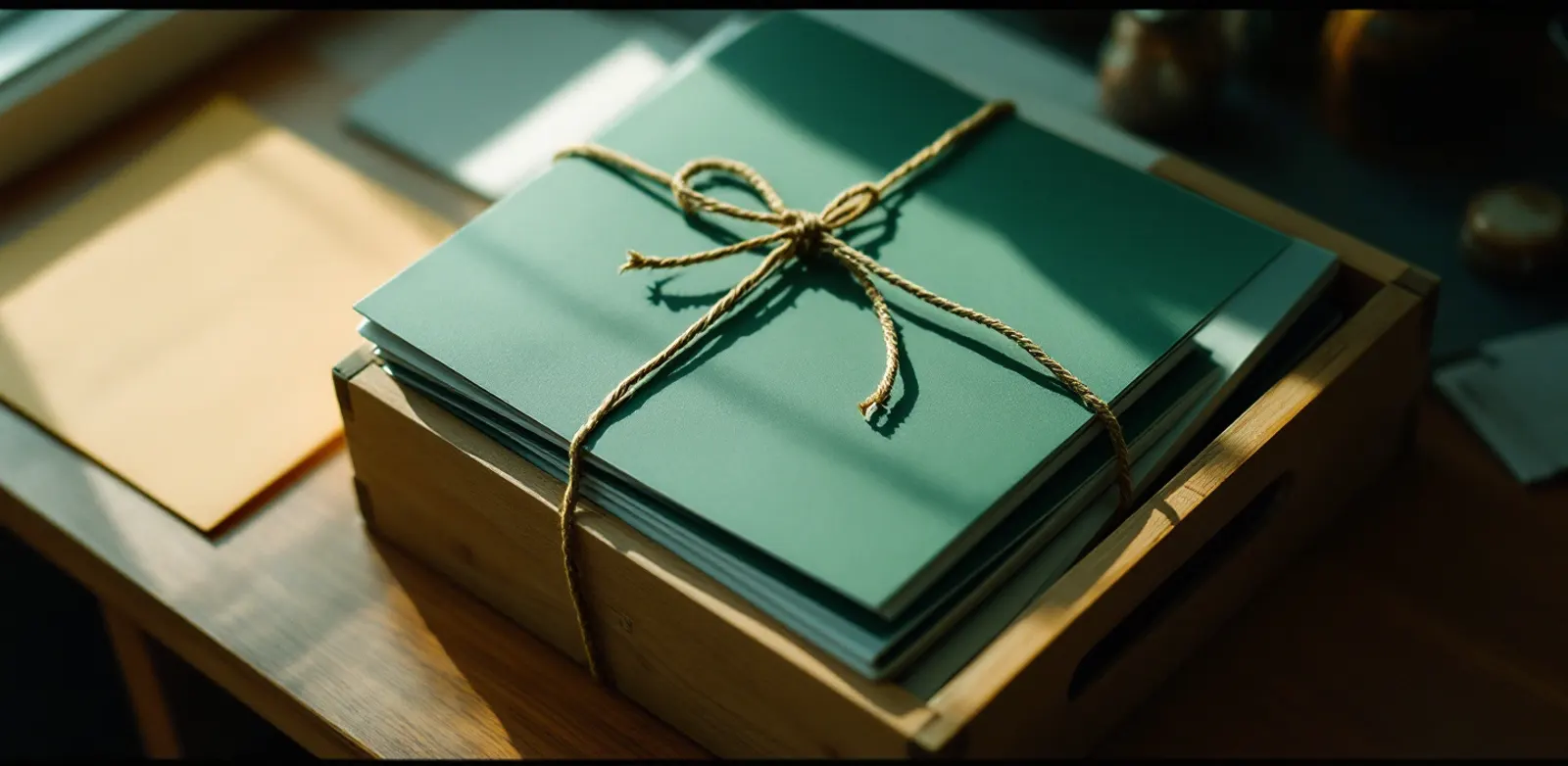 A stack of brochures tied with string in a wooden crate, single personal letters beside it