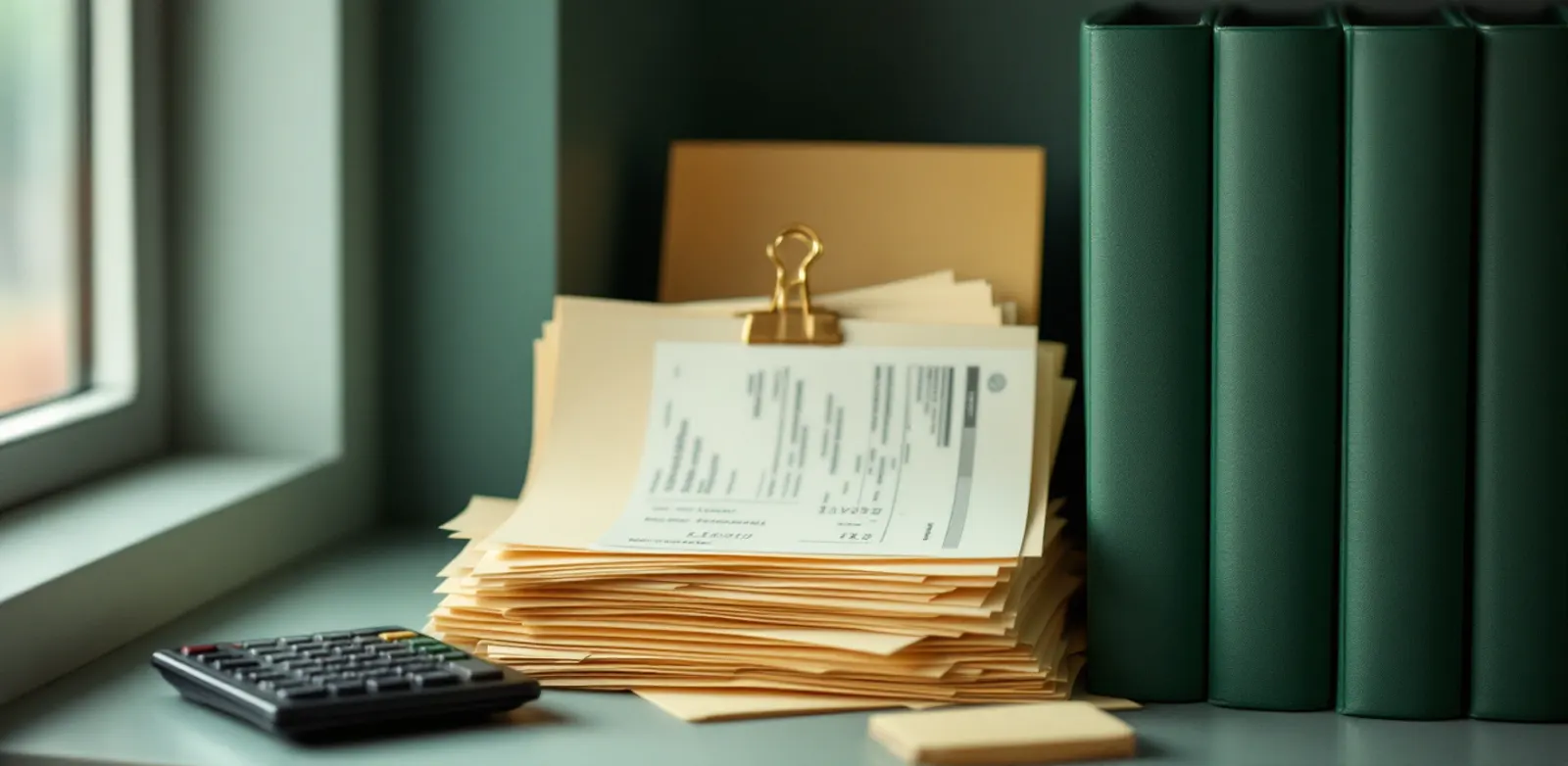 Dark green binders on a shelf next to a pile of invoices with a brass clip and a small calculator