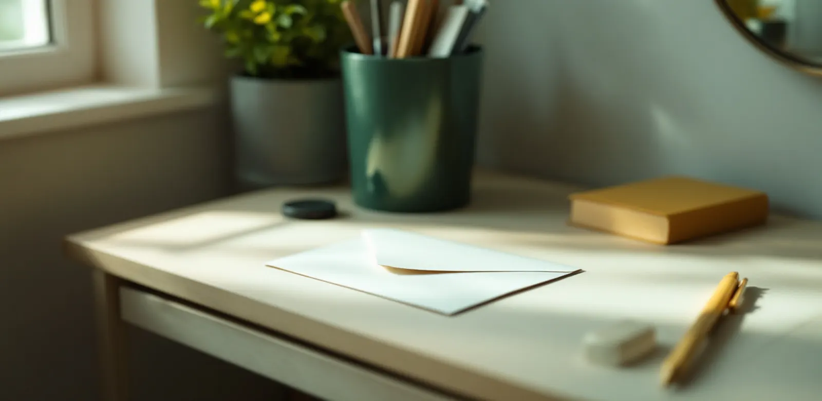 A single envelope on a tidy light desk, beside it a dark green pen pot and a yellow notebook