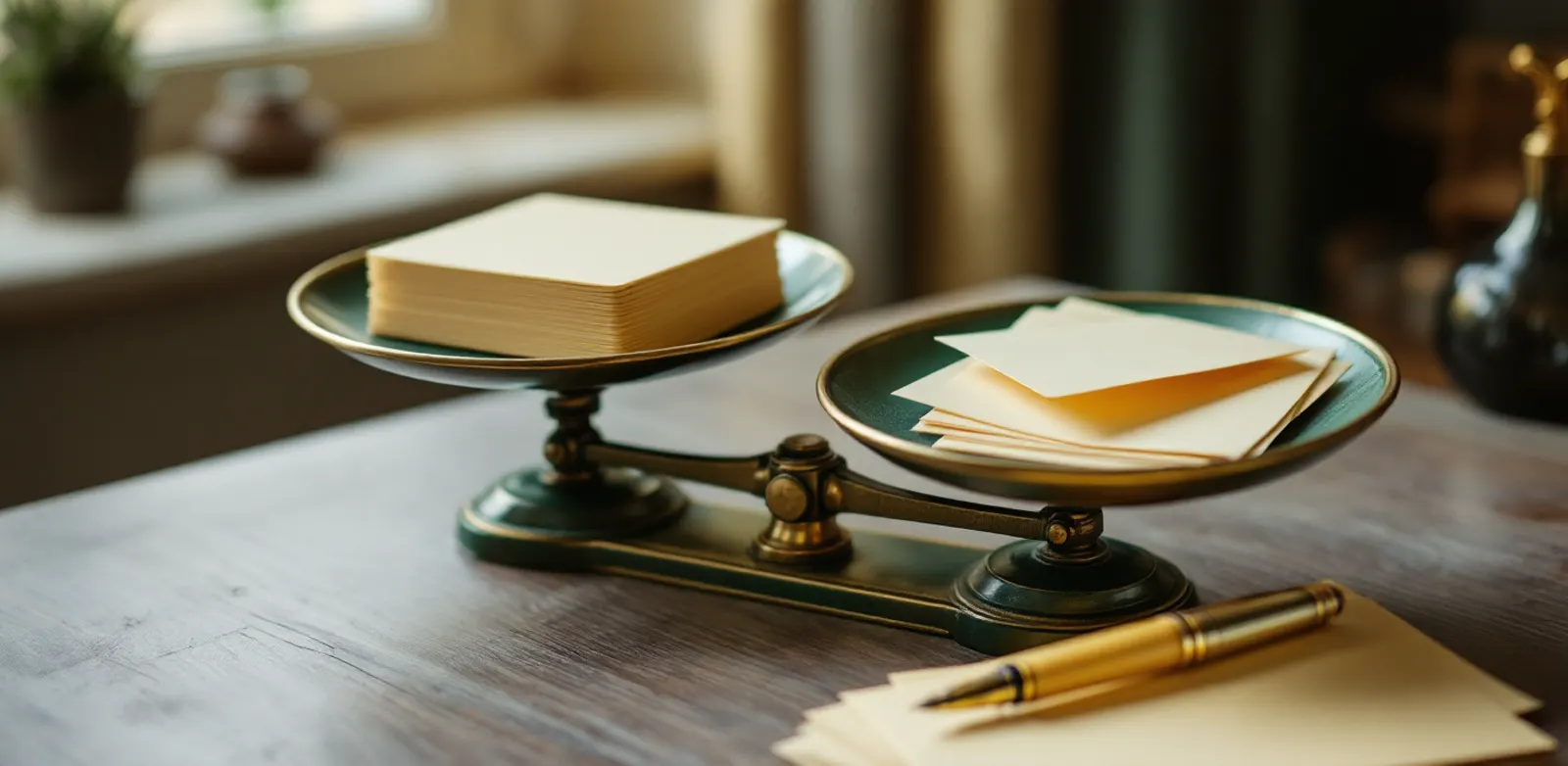 A brass balance scale, one pan with a stack of letters, the other with a fountain pen and a sheet of writing paper