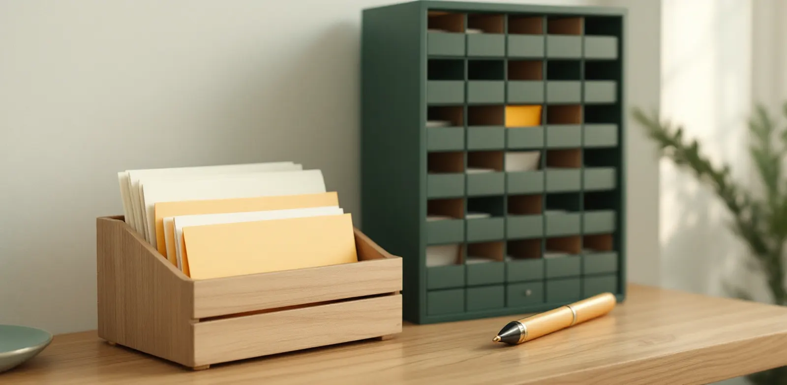 A plain wooden tray with three fixed compartments next to a dark green sorting rack with many pigeonholes, cream envelopes in both