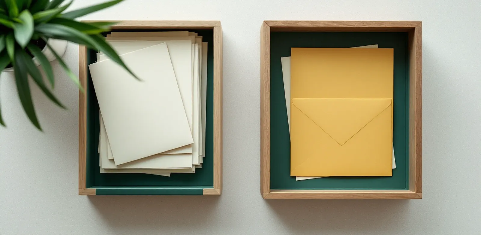 Two in-trays from above, the left dark green with sorted letters, the right empty light wood, a yellow envelope between them