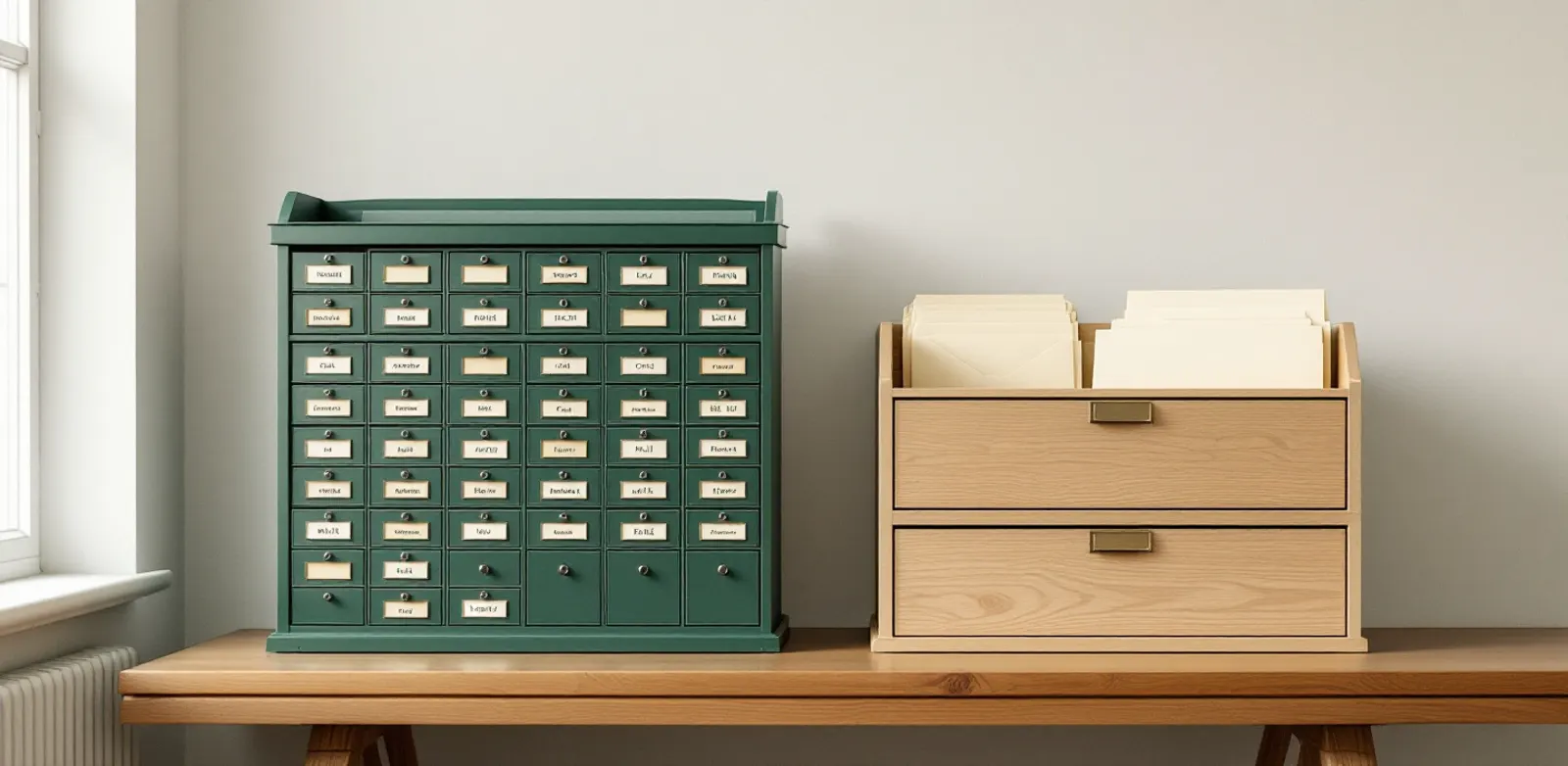 Two sorting racks side by side, one dark green with many pigeonholes, one in light wood with three large compartments