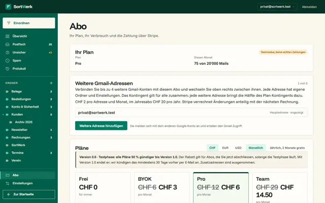 Abo: Plan, Verbrauch und weitere Gmail-Adressen