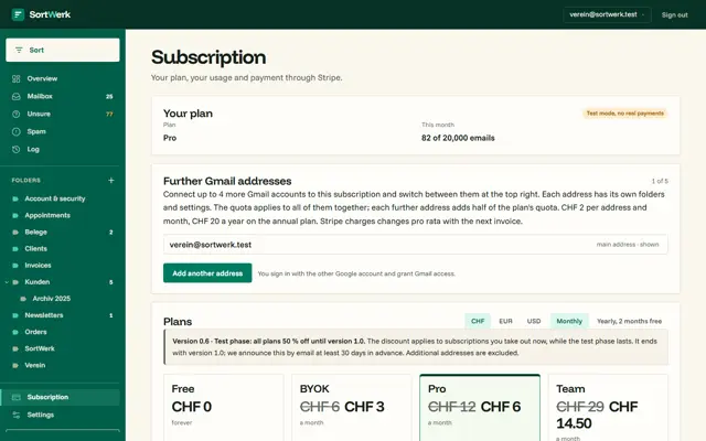 Subscription: plan, usage and more Gmail addresses
