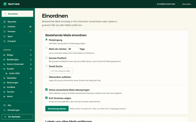 Einordnen: Posteingang, Zeitraum oder ganzes Postfach, mit Vorschau
