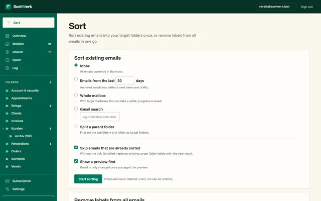 Sort: inbox, a period or the whole mailbox, with preview