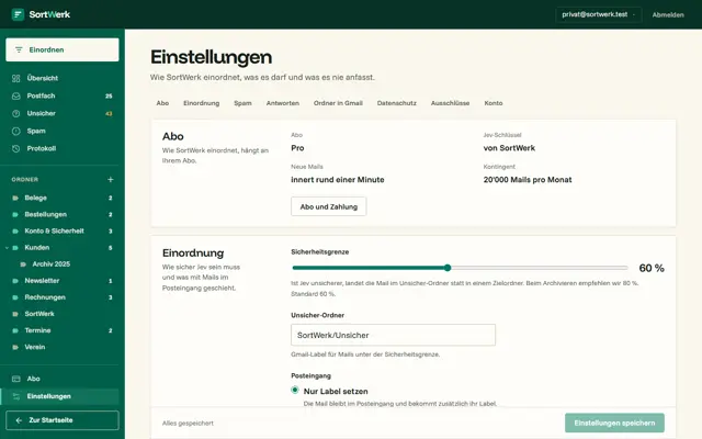 Einstellungen: Abo, Jev-Schlüssel, Sicherheitsgrenze