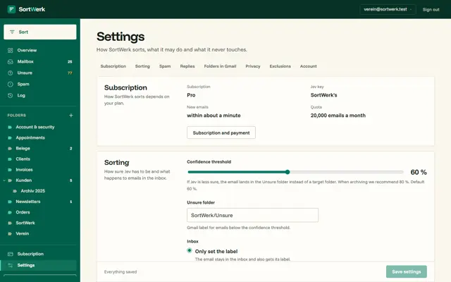 Settings: subscription, Jev key, confidence threshold