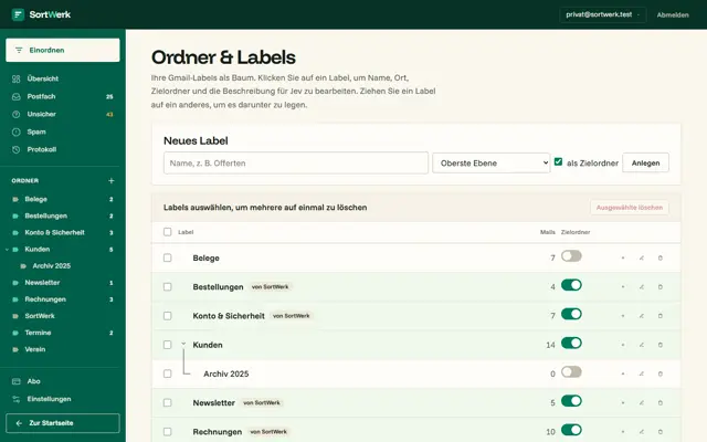 Ordner und Labels: Zielordner mit Beschreibung für Jev
