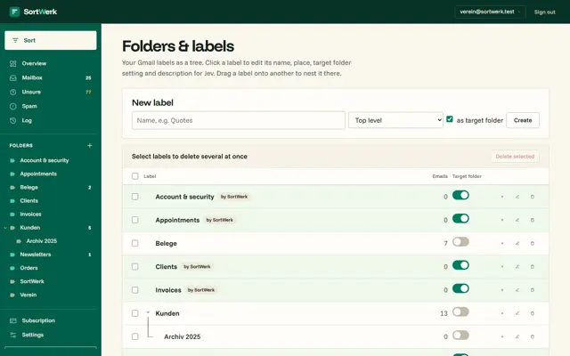 Folders and labels: target folders with a description for Jev