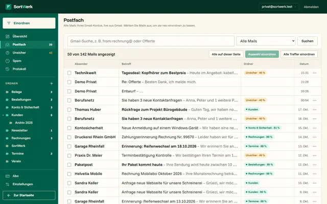 Postfach mit Ordner-Spalte und Sicherheit je Mail