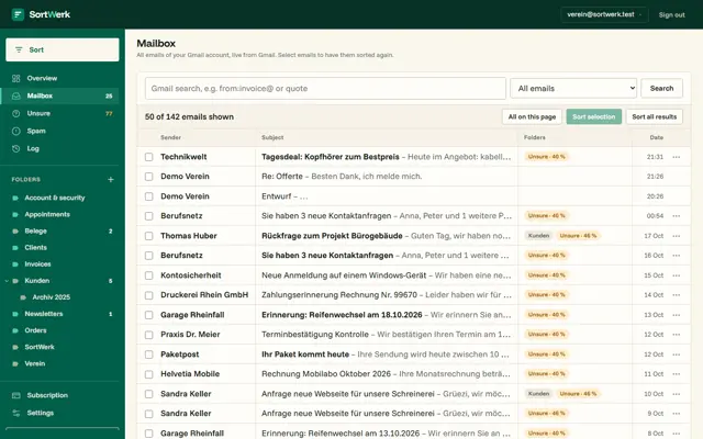 Mailbox with folder column and confidence per email