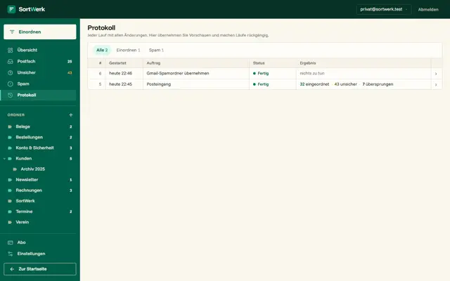 Protokoll: jeder Lauf, jede Änderung, rückgängig zu machen