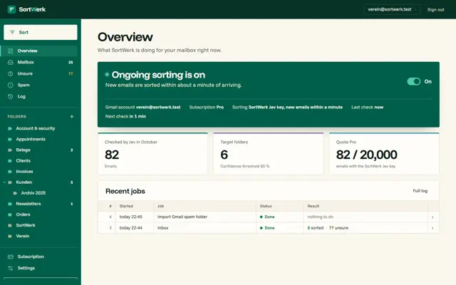Overview: ongoing sorting, quota, latest jobs